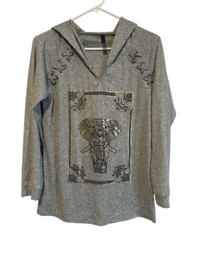 Women’s Emma Designs Size Large Long Sleeve Hooded Tess Shirt, Elephants